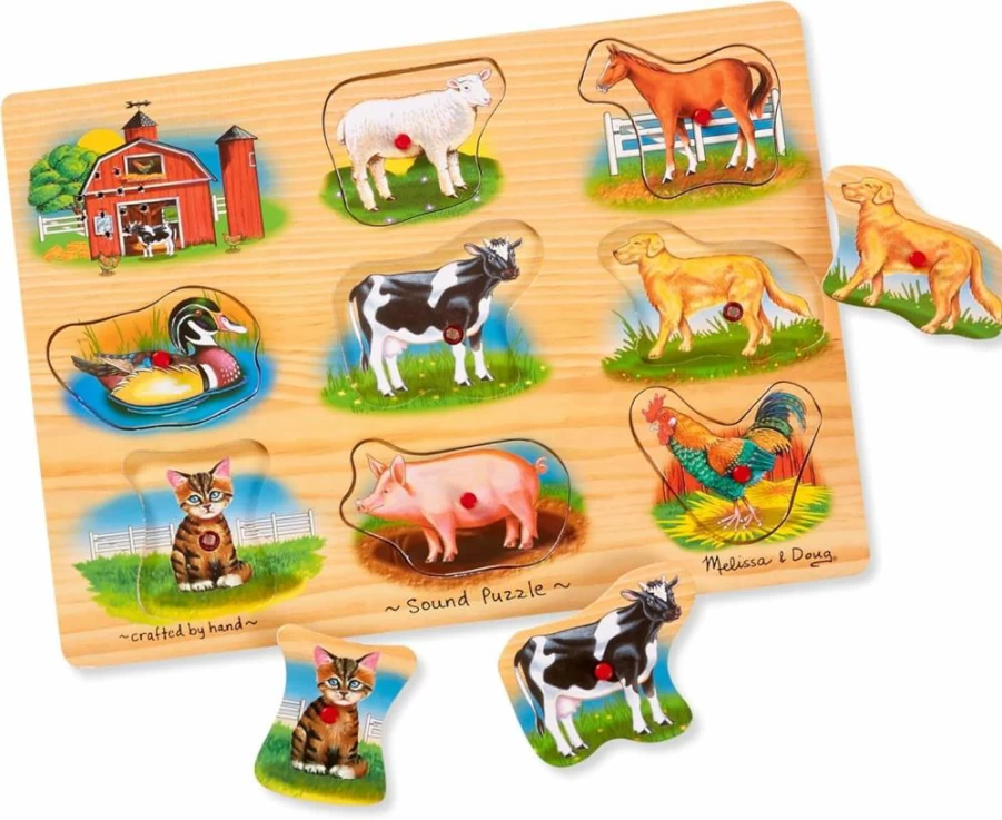 Melissa & Doug Wooden Farm Animal Sound Puzzle - 9-Piece Peg Puzzle with Realistic Sound Effects for Toddlers