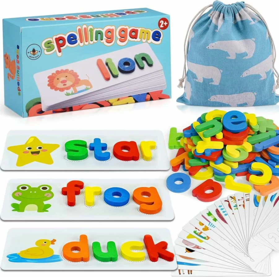 Beestech Wooden Alphabet ABC Puzzle Flash Cards - Educational Letter Matching Game for Toddlers & Preschool Kids Ages 2 3 4 5 - Learning Toys for Boys & Girls