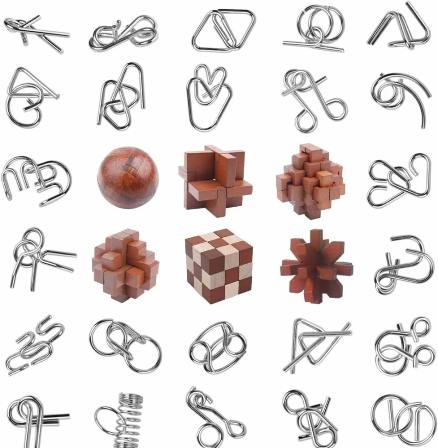 RLYLF 30Pcs Wooden & Metal 3D Puzzle Set for Adults and Kids - Brain Teaser, IQ Logic, Educational Toys, Family Party Games, Unlock Interlock Puzzles for Coffee Time Fun