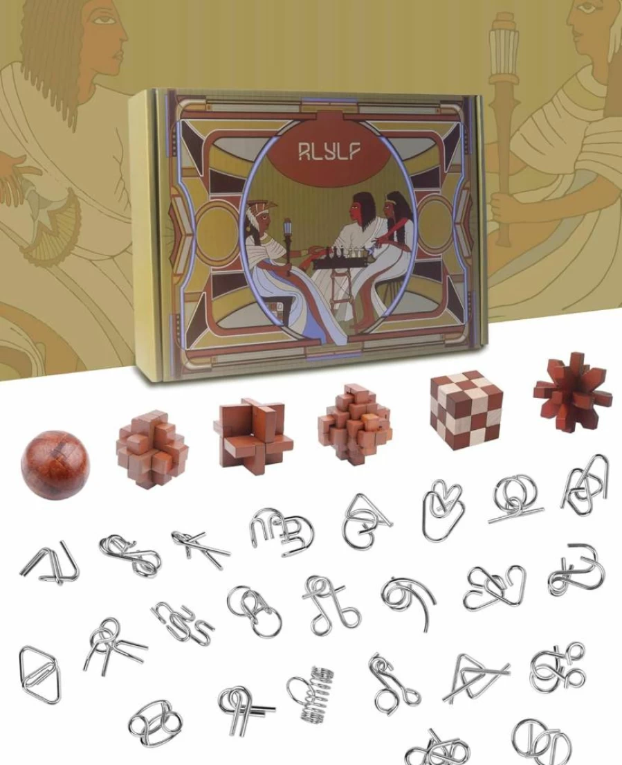 RLYLF 30Pcs Wooden & Metal 3D Puzzle Set for Adults and Kids - Brain Teaser, IQ Logic, Educational Toys, Family Party Games, Unlock Interlock Puzzles for Coffee Time Fun