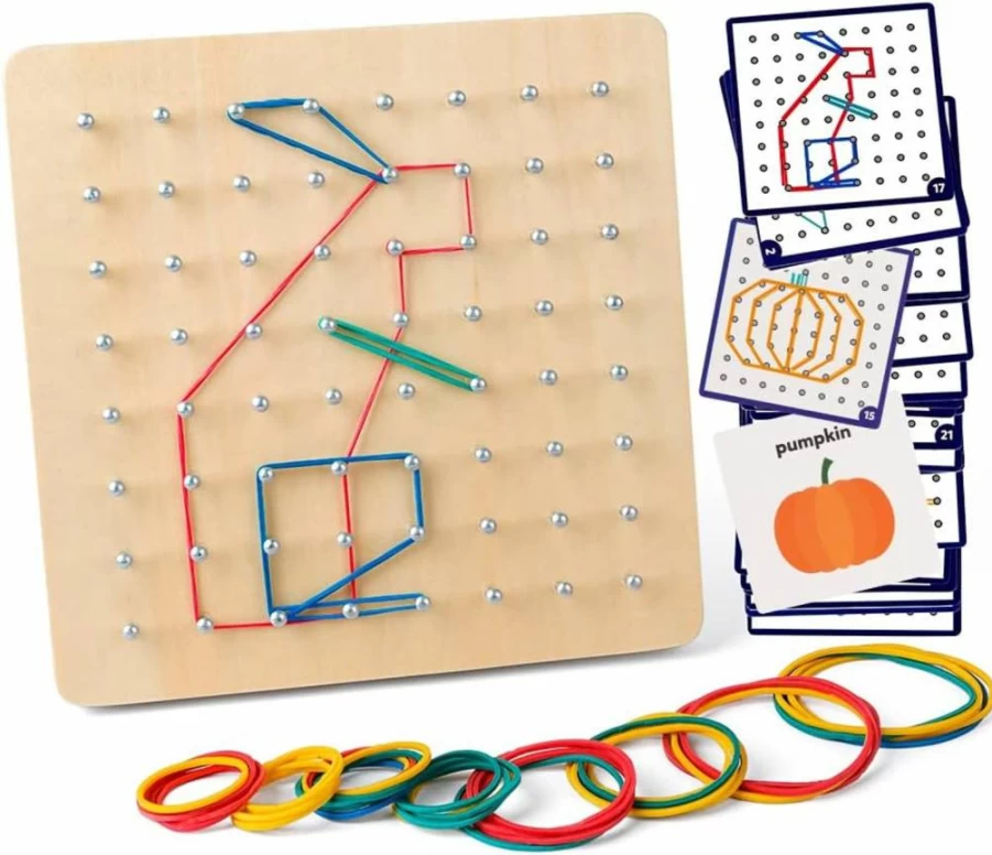 Coogam 8x8 Wooden Geoboard STEM Toy with 30 Pattern Cards & Latex Bands, Math Manipulative Brain Teaser Puzzle for Kids, Educational Shape Learning Game
