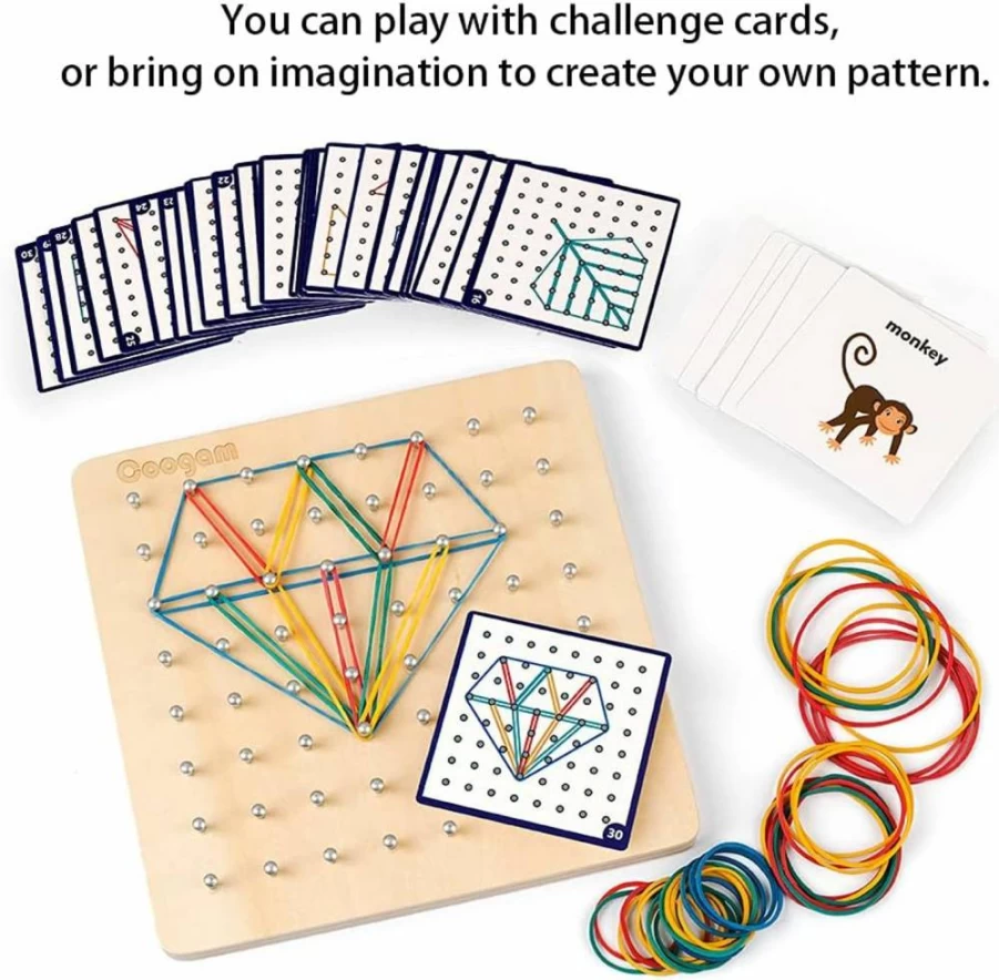 Coogam 8x8 Wooden Geoboard STEM Toy with 30 Pattern Cards & Latex Bands, Math Manipulative Brain Teaser Puzzle for Kids, Educational Shape Learning Game