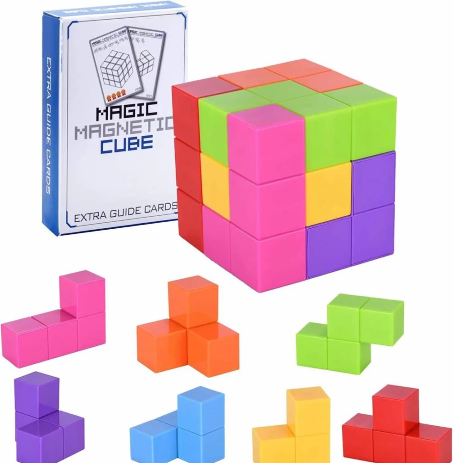 WorWoder Magnetic Building Blocks for Kids - 7 Multi-Shape 3D Puzzle Cubes with 54 Guide Cards, STEM Learning Toys for Creativity & Stress Relief (Blue)