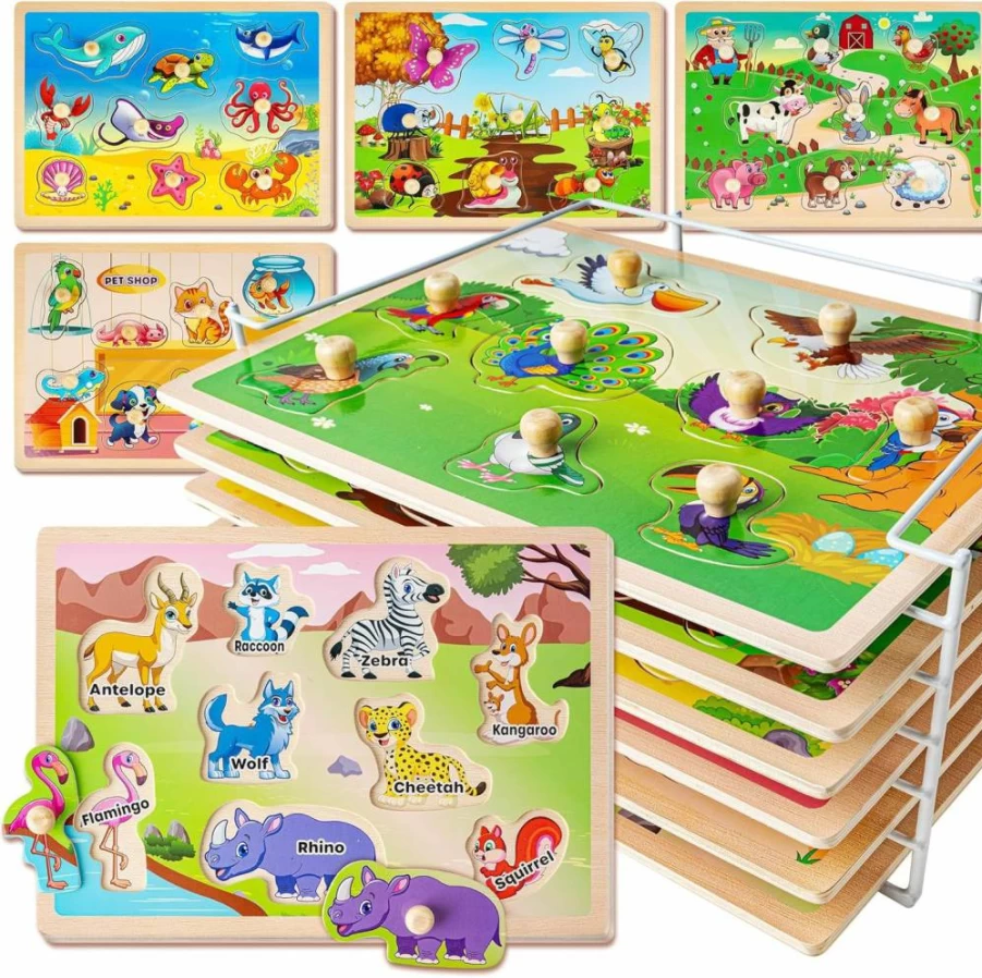 SYNARRY Wooden Animal Puzzles for Toddlers 1-3 Years - 6-Piece Montessori Learning Toys with Storage Rack, Educational Gifts for Boys & Girls Ages 2-4