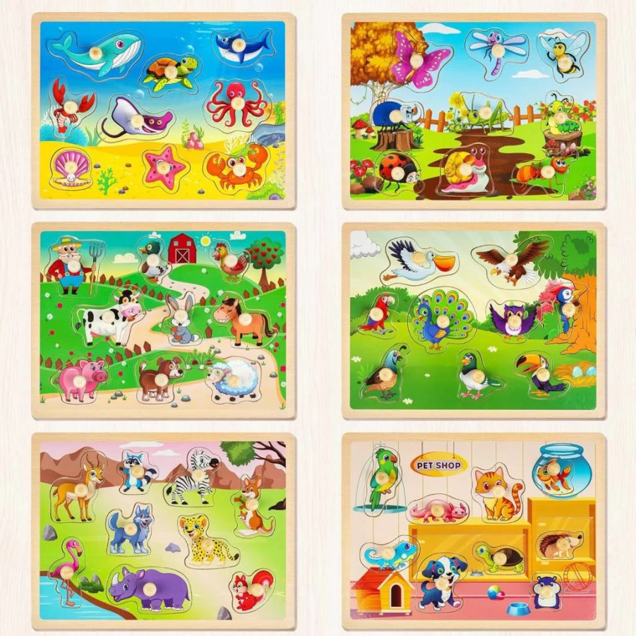 SYNARRY Wooden Animal Puzzles for Toddlers 1-3 Years - 6-Piece Montessori Learning Toys with Storage Rack, Educational Gifts for Boys & Girls Ages 2-4
