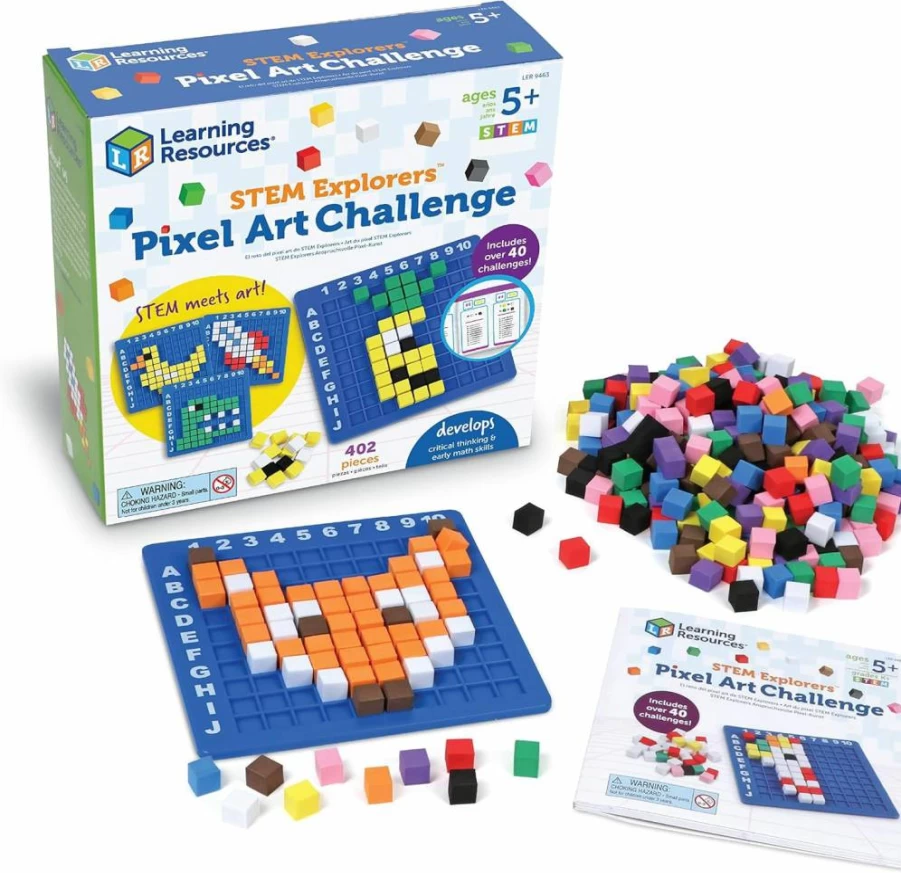 Learning Resources STEM Explorers Pixel Art Challenge - Kids Math Puzzles, Pattern Blocks, Creative Building Toys for Sensory Bins & Montessori Activities