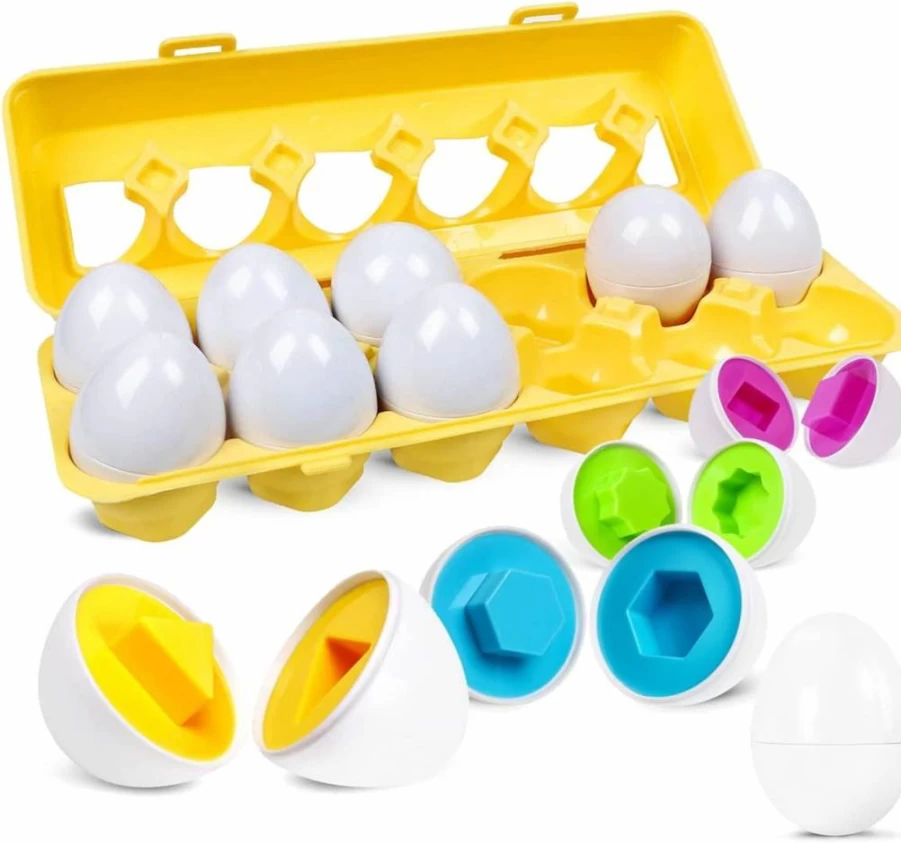 Skrtuan Montessori Egg Matching Toy - 12Pcs Easter Learning Game for Toddlers 1-3 Years, Color & Shape Sorter Puzzle, Fine Motor Skills Gift for Boys Girls