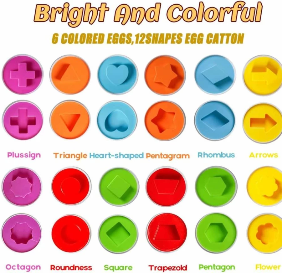 Skrtuan Montessori Egg Matching Toy - 12Pcs Easter Learning Game for Toddlers 1-3 Years, Color & Shape Sorter Puzzle, Fine Motor Skills Gift for Boys Girls