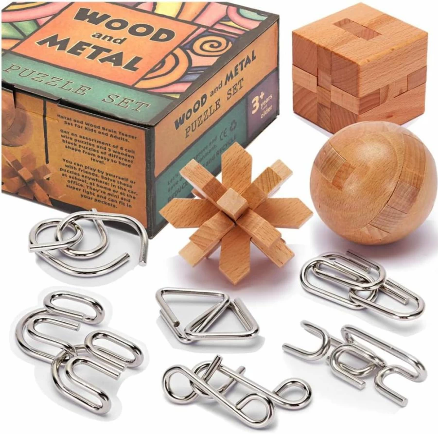 LESONG 9-Pack Metal and Wooden Brain Teaser Puzzles for Adults and Kids – 3D IQ Logic Games, Mind Challenges, and Educational Disentanglement Toys
