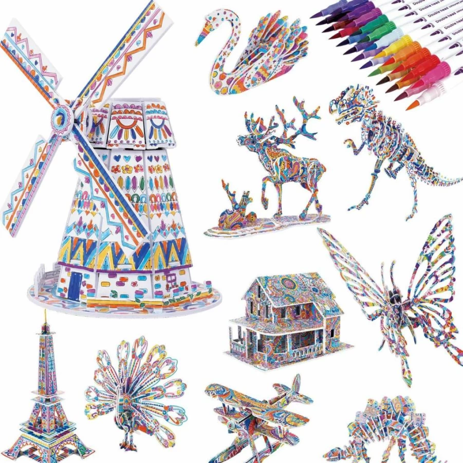 BEARUN 3D Coloring Puzzle Set for Kids Ages 6-12 - Educational Arts and Crafts Painting Kit with Supplies, Fun DIY Birthday Gift for Boys and Girls