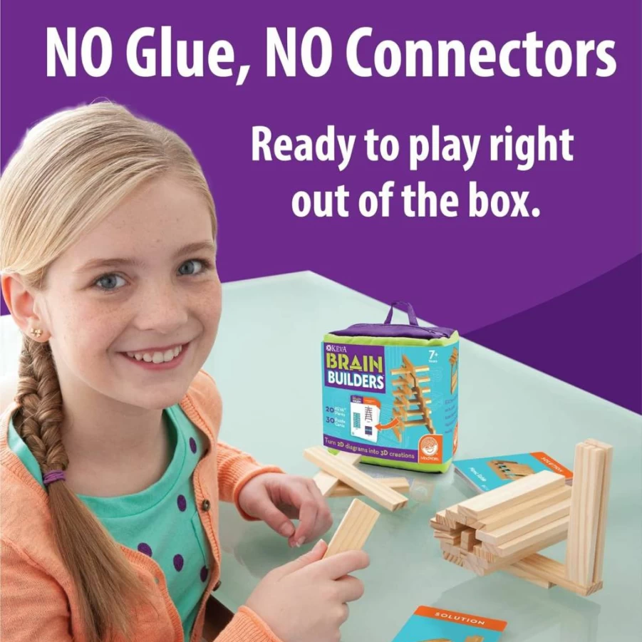 MindWare KEVA BrainBuilders STEM Kit - 30 3D Puzzle Challenges with 20 Planks for Kids - Boost Spatial Thinking & Problem-Solving Skills