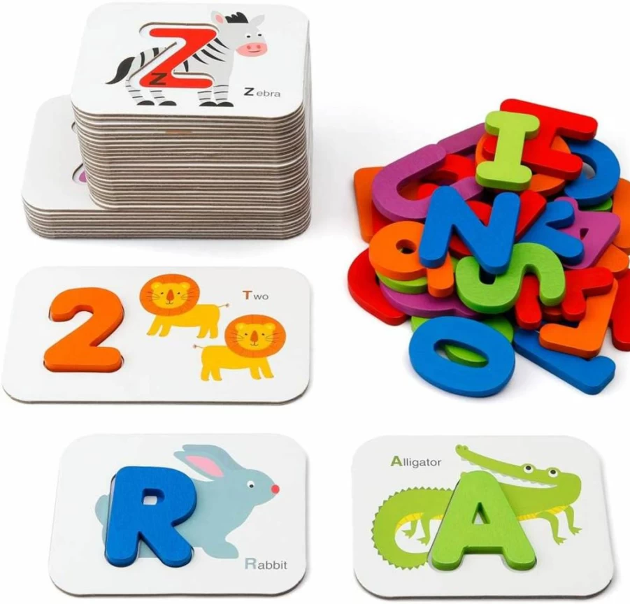 Coogam Wooden ABC Letters & Numbers Flash Cards - Montessori Animal Alphabet Puzzle, Educational Toys for Preschool Kids Ages 3-5, Learning Games Gift for Toddlers