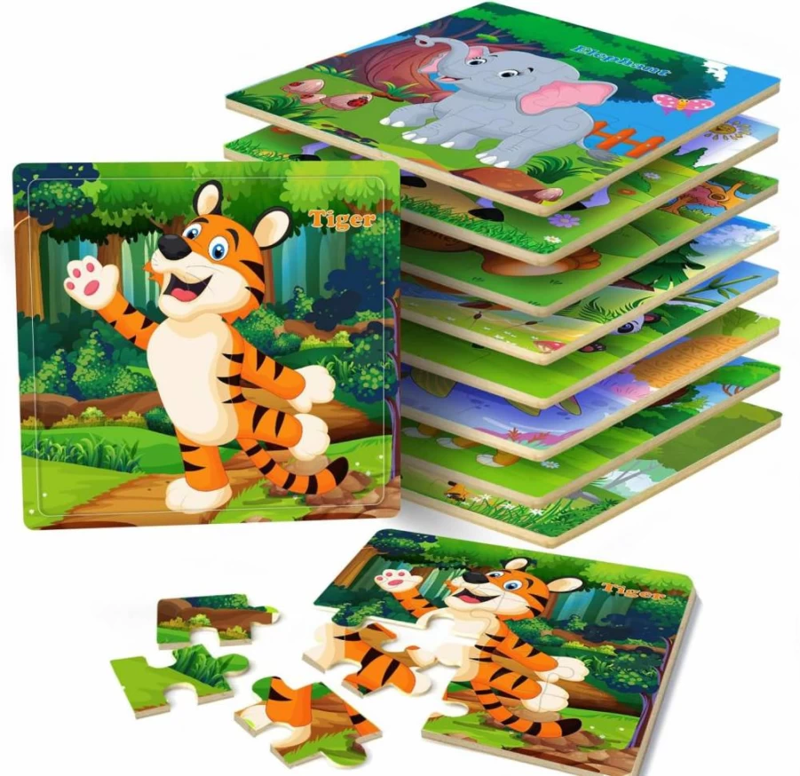 RANSUNN 24-Piece Wooden Puzzles for Toddlers Ages 3-5, Educational Colorful Learning Toys for Boys and Girls with 6 Fun Puzzle Sets