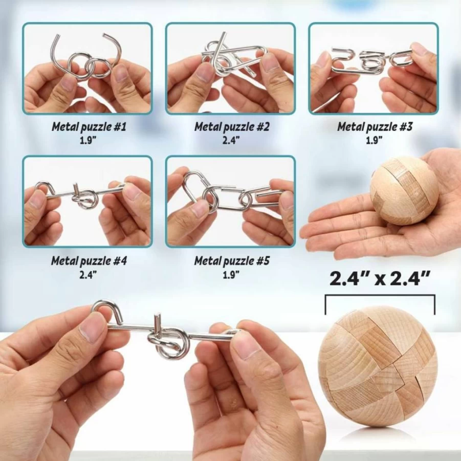 LESONG 32Pack Wooden & Metal Brain Teaser Puzzles - Chinese Ring Magic Trick, Iron Link Unlock Game for Kids Adults, Party Favors, Stocking Stuffers, Challenge Toys