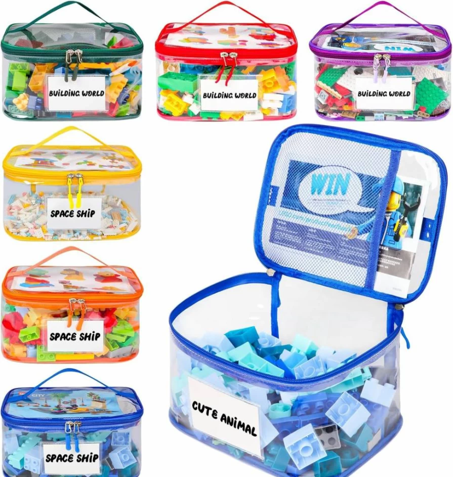 Tesuko 6-Pack Large Clear PVC Toy Storage Bags with Name Tags & Manual Pockets, Waterproof Organizer for LEGO, Board Games, Building Blocks, Puzzles (Black)