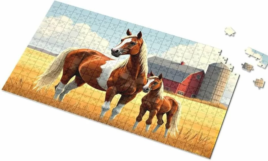 PLOWS 1000-Piece Jigsaw Puzzle for Adults & Kids Ages 6-8 - Golden Field Horses Landscape Educational Activity Toy Puzzle (500-Pcs Option)