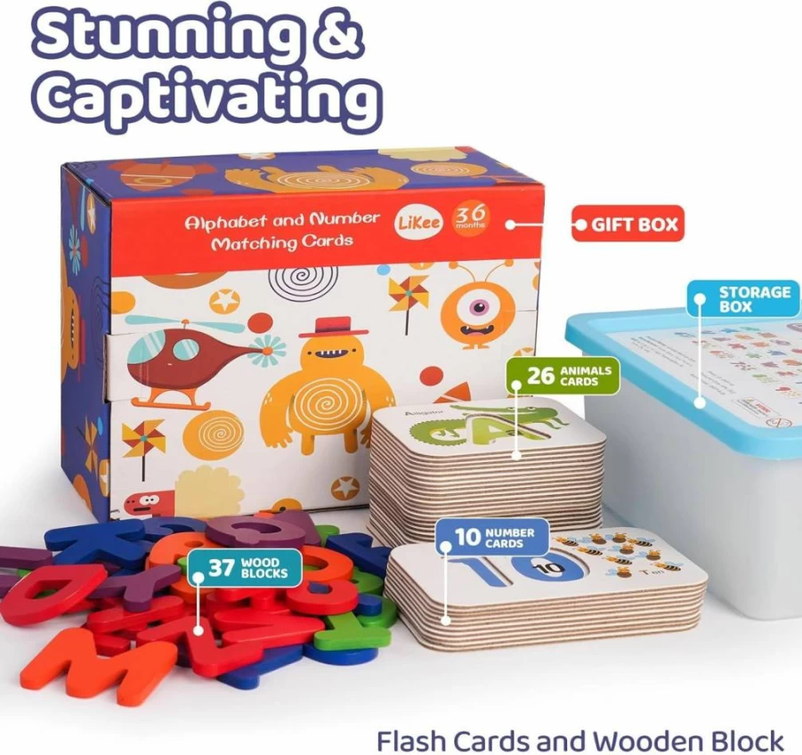 LiKee Wooden Alphabet Flash Cards for Toddlers - ABC Sight Words Matching Game, Montessori Letter Puzzle with 36 Cards & 37 Wooden Pieces, Preschool Learning Toys for Boys Girls Ages 3+ Years