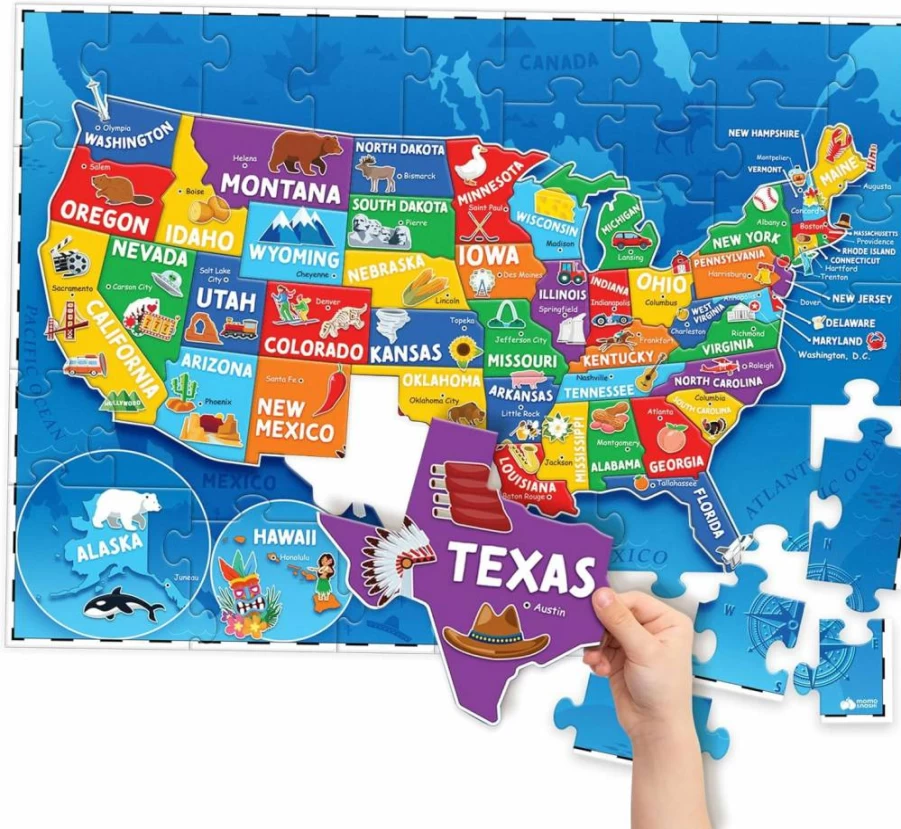 Momo & Nashi USA Map Puzzle for Kids Ages 4-6 - 70 Piece Educational Jigsaw Puzzle with 50 States & Capitals - Fun Learning Toys for Boys & Girls - Perfect Gift for Children