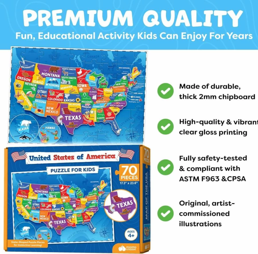 Momo & Nashi USA Map Puzzle for Kids Ages 4-6 - 70 Piece Educational Jigsaw Puzzle with 50 States & Capitals - Fun Learning Toys for Boys & Girls - Perfect Gift for Children