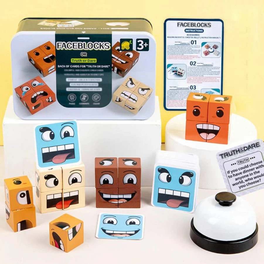 Pajojoqa Face Changing Magic Cube - Wooden Puzzle Game for Stress Relief, Brain Teaser & Fidget Toy, Fun Expression Building Block Activity