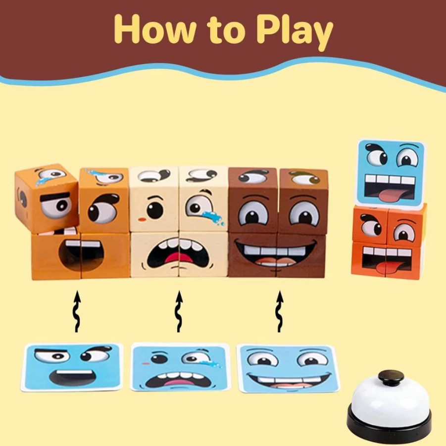 Pajojoqa Face Changing Magic Cube - Wooden Puzzle Game for Stress Relief, Brain Teaser & Fidget Toy, Fun Expression Building Block Activity