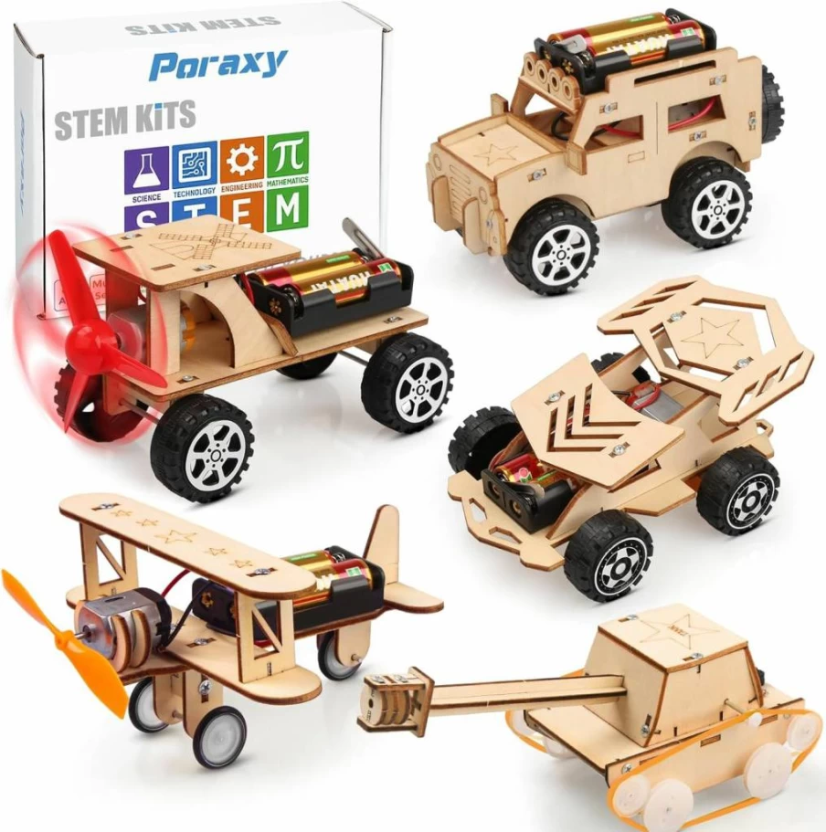 Poraxy 5-in-1 STEM Building Kit for Kids Ages 6-13 - Wooden Model Car, 3D Puzzles, Science Crafts, Educational Toys for Boys & Girls, Birthday Gifts for 8-12 Year Olds