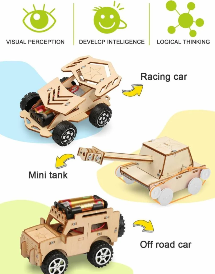 Poraxy 5-in-1 STEM Building Kit for Kids Ages 6-13 - Wooden Model Car, 3D Puzzles, Science Crafts, Educational Toys for Boys & Girls, Birthday Gifts for 8-12 Year Olds