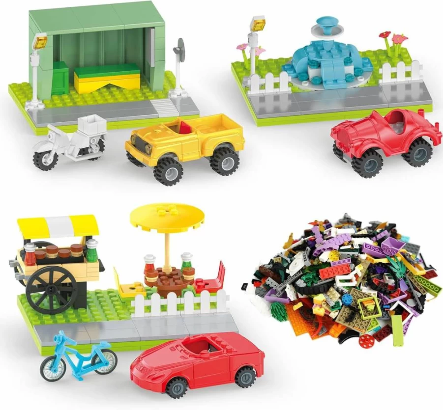 ASTEM 600+ Pieces Classic Building Blocks Set - Creative Puzzle Scenes with Wheel & Axle, Car Parts & Tires for Kids STEM Toys