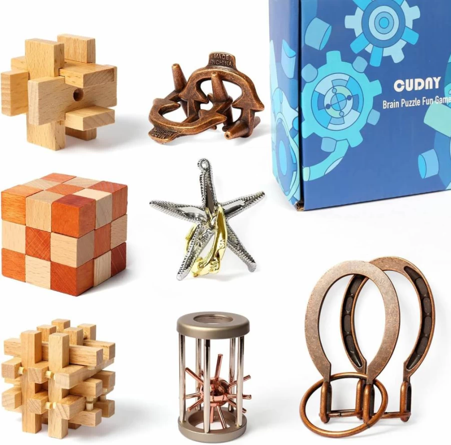 CUDNY 7-Piece Wooden & Metal Brain Teaser Puzzle Set for Adults and Kids - IQ Logic Mind Game with Interlocking Challenge, Fun Cool Puzzle Box Collection