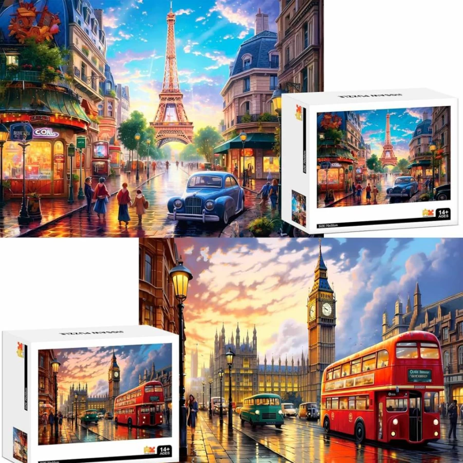 MJYPHDM 2-Pack 1000-Piece Jigsaw Puzzles for Adults: Big Ben & Eiffel Tower Challenging Puzzle Set - Large 27.5x20 Inch DIY Art Decor, Family Games for Adults and Teens