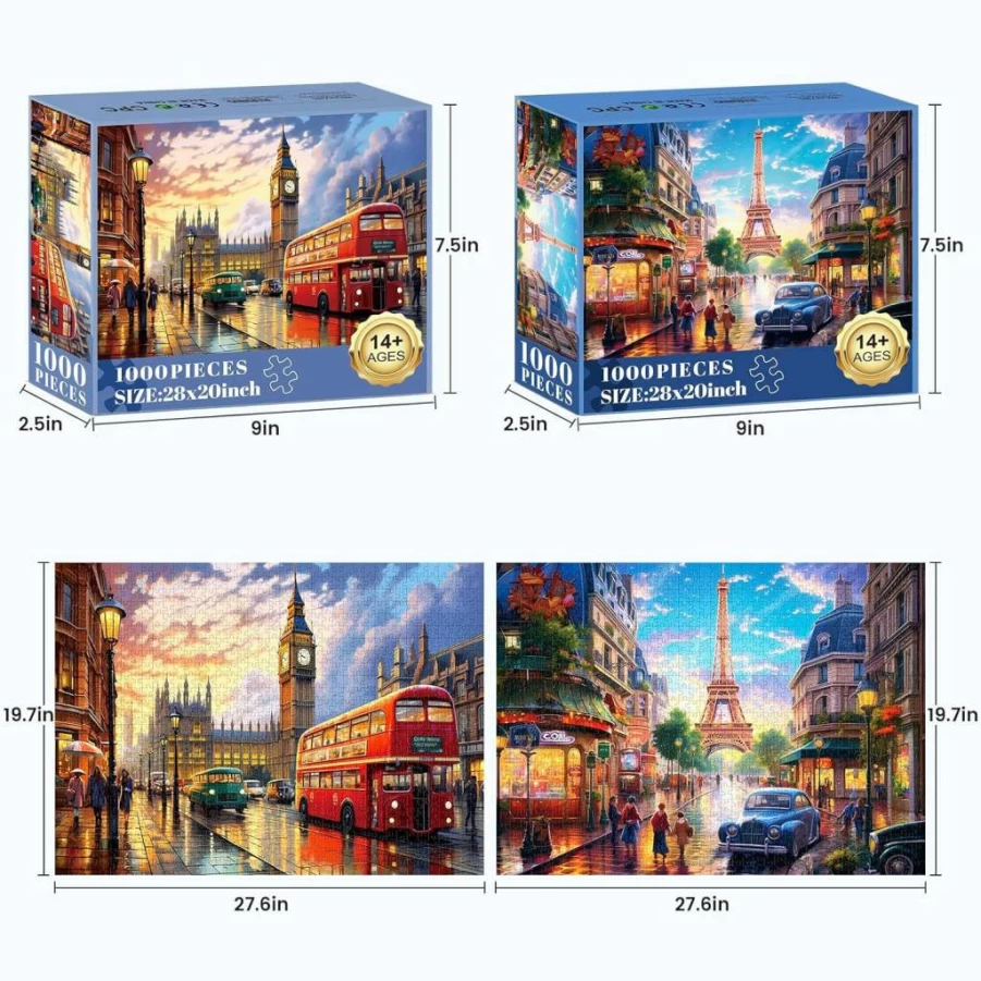 MJYPHDM 2-Pack 1000-Piece Jigsaw Puzzles for Adults: Big Ben & Eiffel Tower Challenging Puzzle Set - Large 27.5x20 Inch DIY Art Decor, Family Games for Adults and Teens