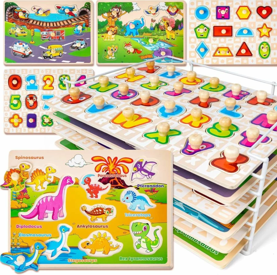 SYNARRY Wooden Puzzles for Kids Ages 1-3, 6-Pack Toddler Learning Toys with Storage Rack - Alphabet, Numbers, Shapes, Animals, Dinosaurs & Vehicles - Educational Gift for 2 3 Year Old Boys & Girls