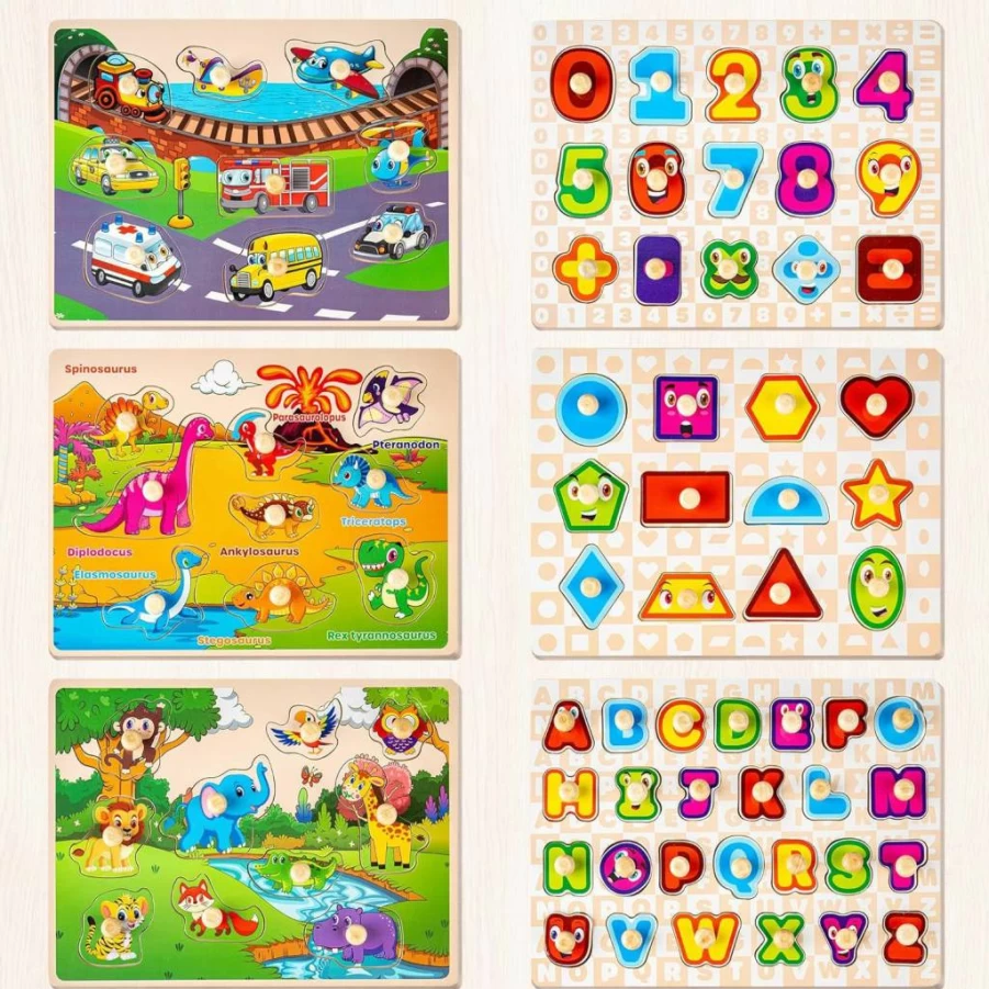 SYNARRY Wooden Puzzles for Kids Ages 1-3, 6-Pack Toddler Learning Toys with Storage Rack - Alphabet, Numbers, Shapes, Animals, Dinosaurs & Vehicles - Educational Gift for 2 3 Year Old Boys & Girls