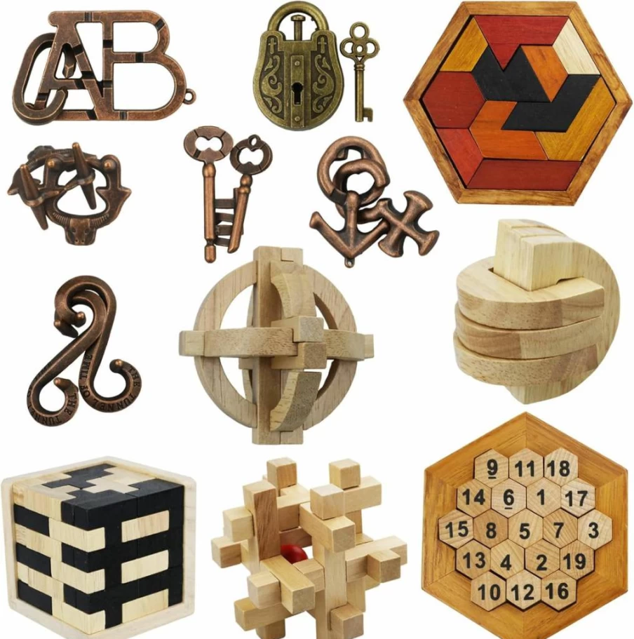 Arlai 12-Piece Wooden and Metal 3D Puzzle Set, Brain Teaser Games for Kids & Adults, Educational STEM Toys, Unlock Interlocking Challenge, Durable Birthday Gifts for All Ages