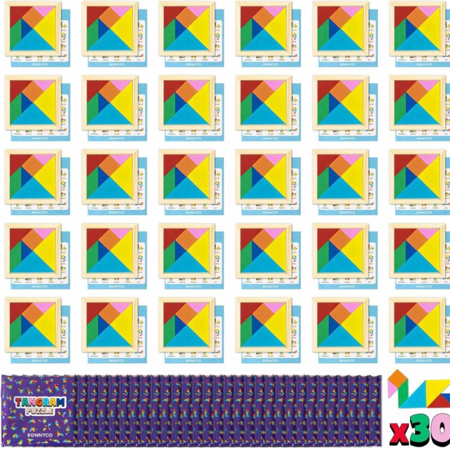 BONNYCO Wooden Tangram Puzzle Set - 30 Pack Kids Birthday Party Favors, Classroom Prizes, Goodie Bag Stuffers for Ages 3-8, Educational Toys for Toddlers & Children