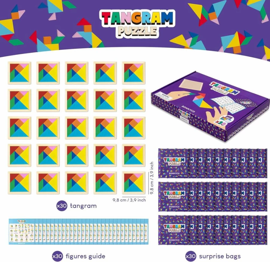 BONNYCO Wooden Tangram Puzzle Set - 30 Pack Kids Birthday Party Favors, Classroom Prizes, Goodie Bag Stuffers for Ages 3-8, Educational Toys for Toddlers & Children