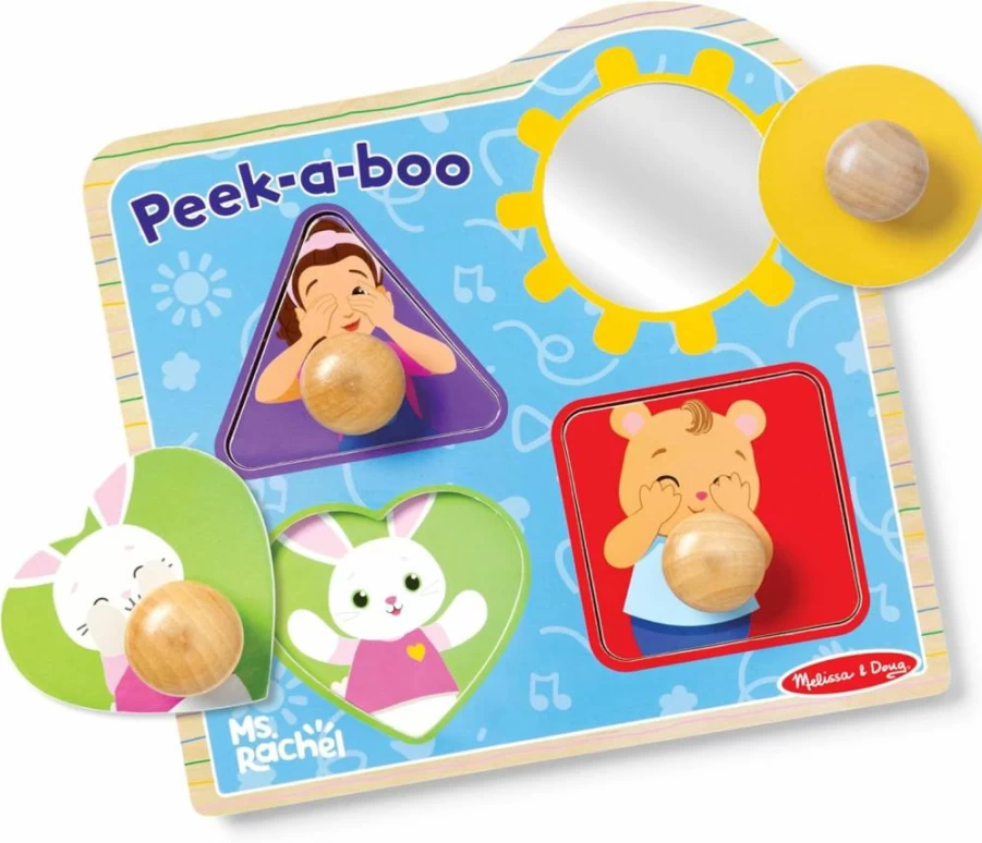 Melissa & Doug Wooden Peek-A-Boo Puzzle with Mirror - 4-Piece Jumbo Peg Puzzle for Toddlers Ages 1+ Years, Educational Toys for Boys & Girls