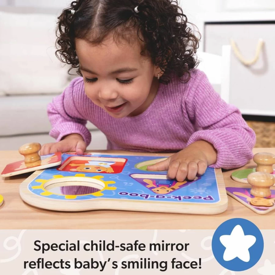 Melissa & Doug Wooden Peek-A-Boo Puzzle with Mirror - 4-Piece Jumbo Peg Puzzle for Toddlers Ages 1+ Years, Educational Toys for Boys & Girls