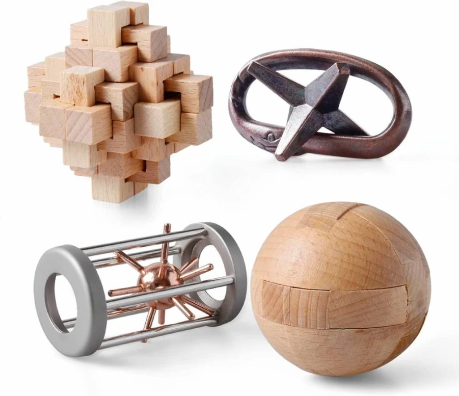 ActPo 4Pcs 3D Wooden & Metal Brain Teaser Puzzles Set - Educational STEM Toys for Adults & Kids - Challenging Interlocking Logic Games for Office & Home