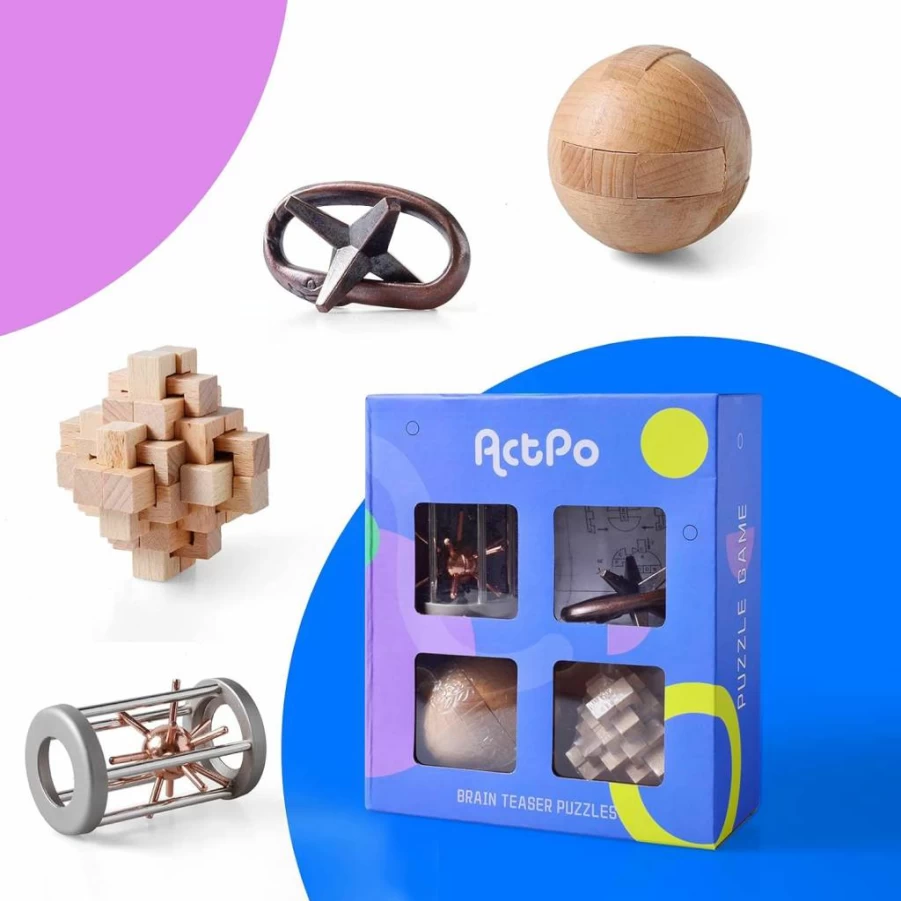 ActPo 4Pcs 3D Wooden & Metal Brain Teaser Puzzles Set - Educational STEM Toys for Adults & Kids - Challenging Interlocking Logic Games for Office & Home
