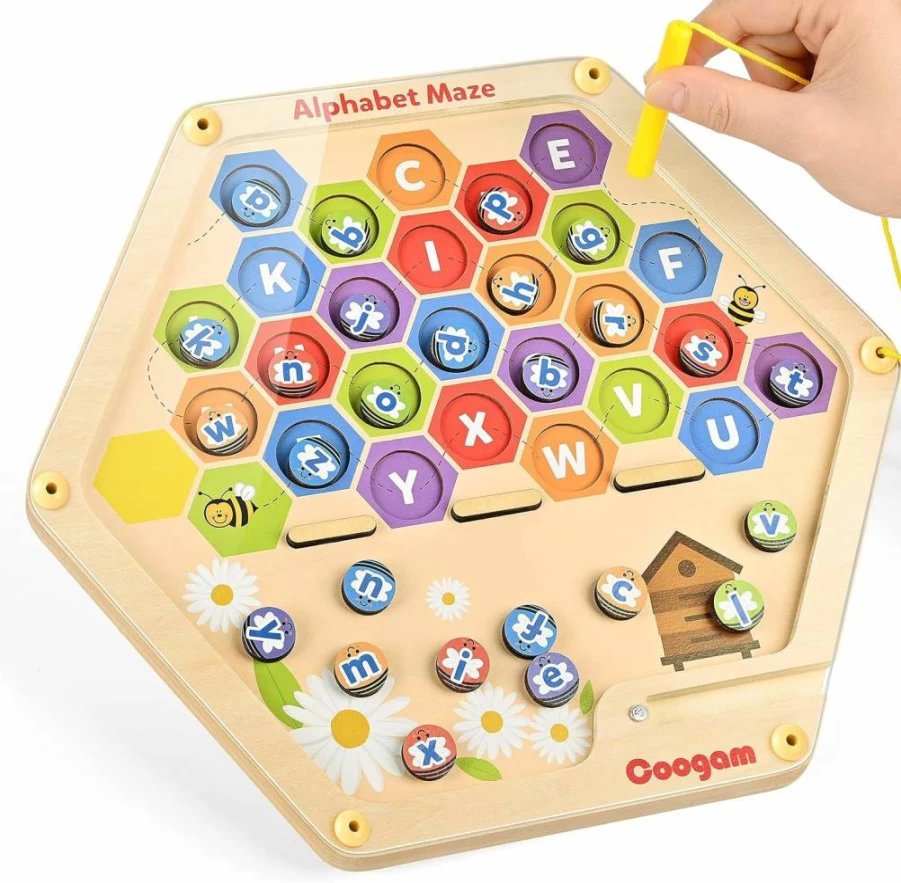 Coogam Wooden Magnetic Alphabet Maze Board - ABC Letters Matching Puzzle, Montessori Fine Motor Skills Learning Toy for Kids Ages 3 4 5