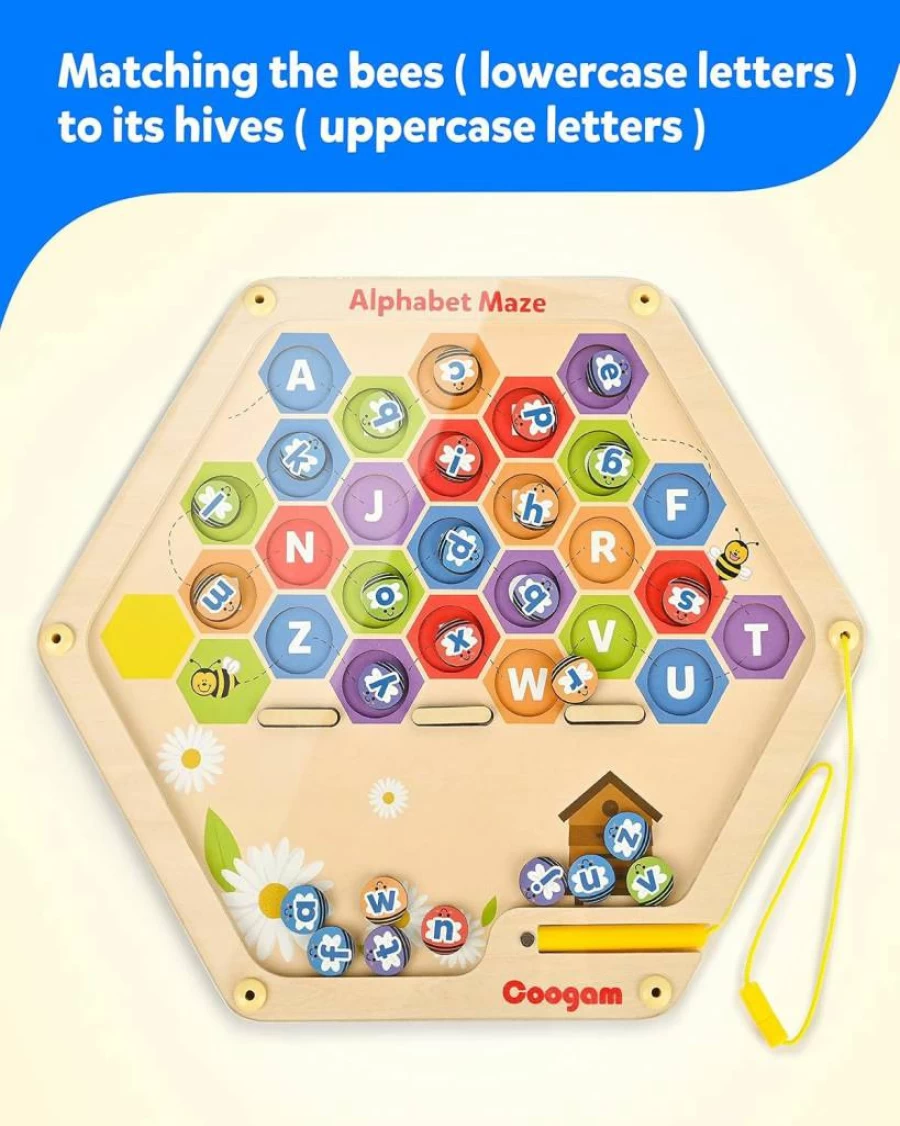 Coogam Wooden Magnetic Alphabet Maze Board - ABC Letters Matching Puzzle, Montessori Fine Motor Skills Learning Toy for Kids Ages 3 4 5