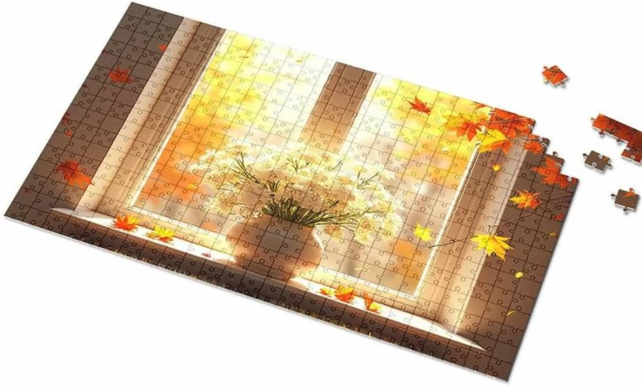 PLOWS 1000-Piece Autumn Leaves & White Flowers Jigsaw Puzzle for Adults & Kids Ages 6-8, Window Sill Picture Puzzle, 300-Pcs Option Available