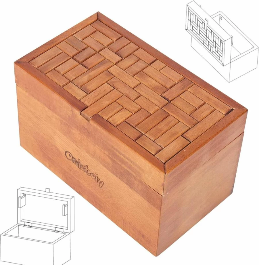 Onietoiy Handmade Wooden Puzzle Box - 32-Step Brain Teaser, Secret Storage Compartment, Beechwood Money Holder, Unlocking Game for Kids & Adults, Mysterious Birthday Gift