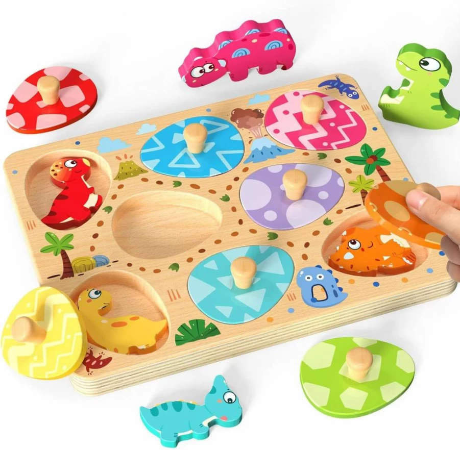 Zeoddler Montessori Wooden Dinosaur Egg Puzzles - 8PCS Matching Game, Preschool Learning Toys for Toddlers, Educational Gift for Boys & Girls, Easter Birthday Present