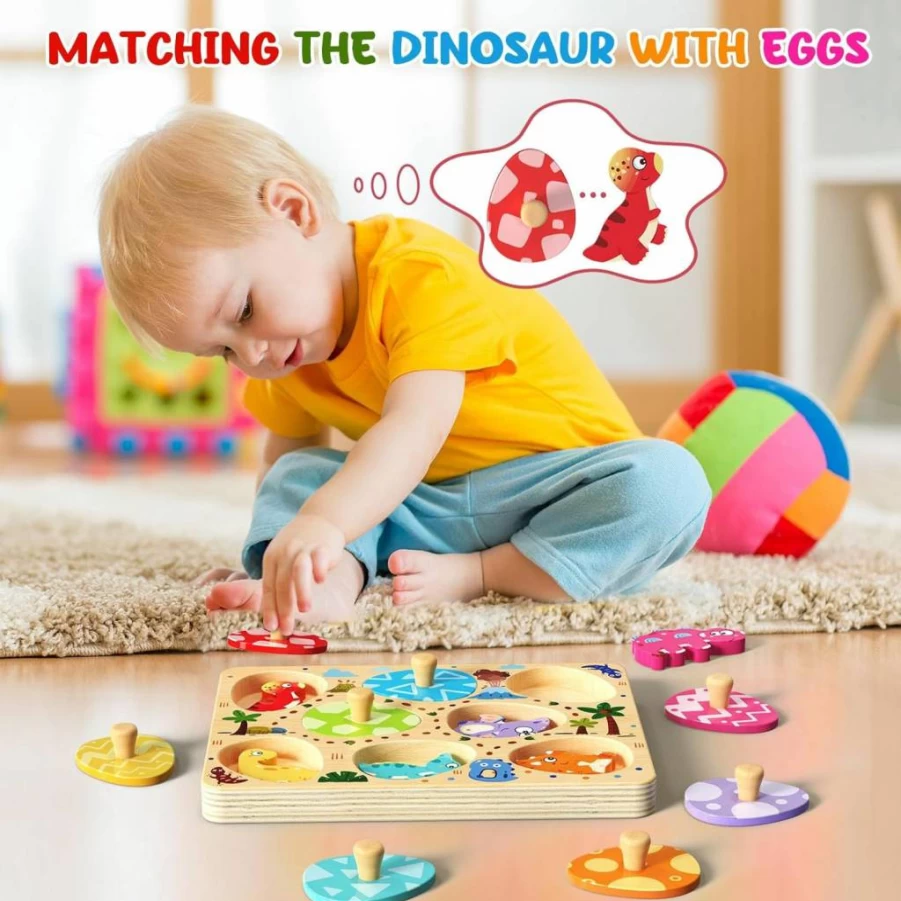 Zeoddler Montessori Wooden Dinosaur Egg Puzzles - 8PCS Matching Game, Preschool Learning Toys for Toddlers, Educational Gift for Boys & Girls, Easter Birthday Present