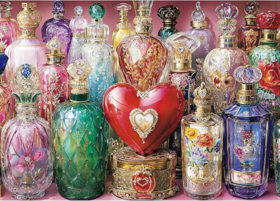 Lamplig 1000-Piece Jigsaw Puzzle for Adults - Colorful Perfume & Pink Flower Bottle Design, Challenging Heart-Shaped Puzzle, Home Decor Art (27.5"x19.6") with 1:1 Poster, Creative Gift Idea