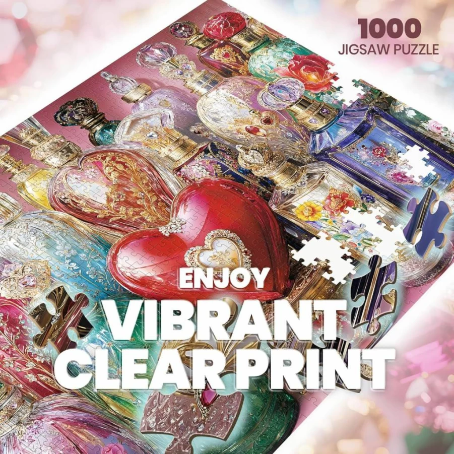Lamplig 1000-Piece Jigsaw Puzzle for Adults - Colorful Perfume & Pink Flower Bottle Design, Challenging Heart-Shaped Puzzle, Home Decor Art (27.5"x19.6") with 1:1 Poster, Creative Gift Idea