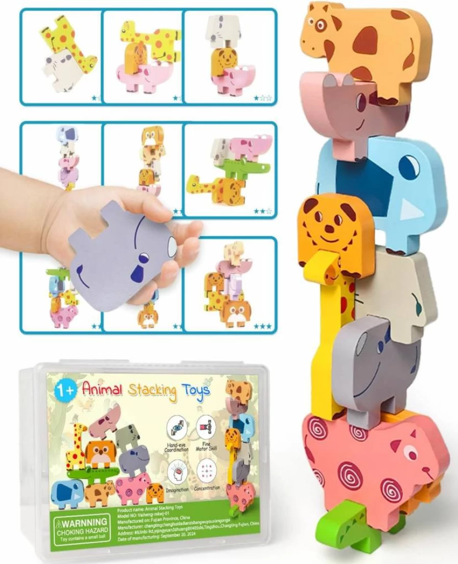 Vaiheng Wooden Animal Stacking Blocks - Montessori Learning Toys for Toddlers Ages 1-4, Educational Puzzle Gift for Boys & Girls
