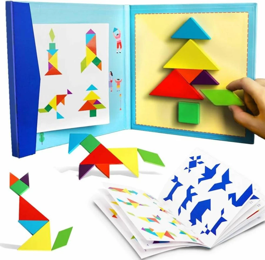 Beestech Wooden Tangram Puzzle Book - Educational Travel Toys for Kids Ages 3-8, Montessori Learning Games for Car, Plane & Restaurant Activities